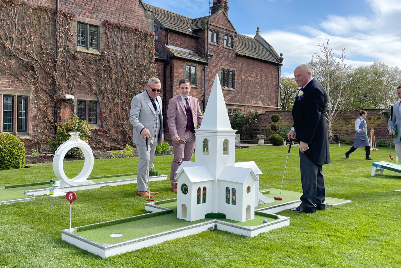 portable mini golf wedding entertainment at Colshaw Hall Cheshire wedding venue